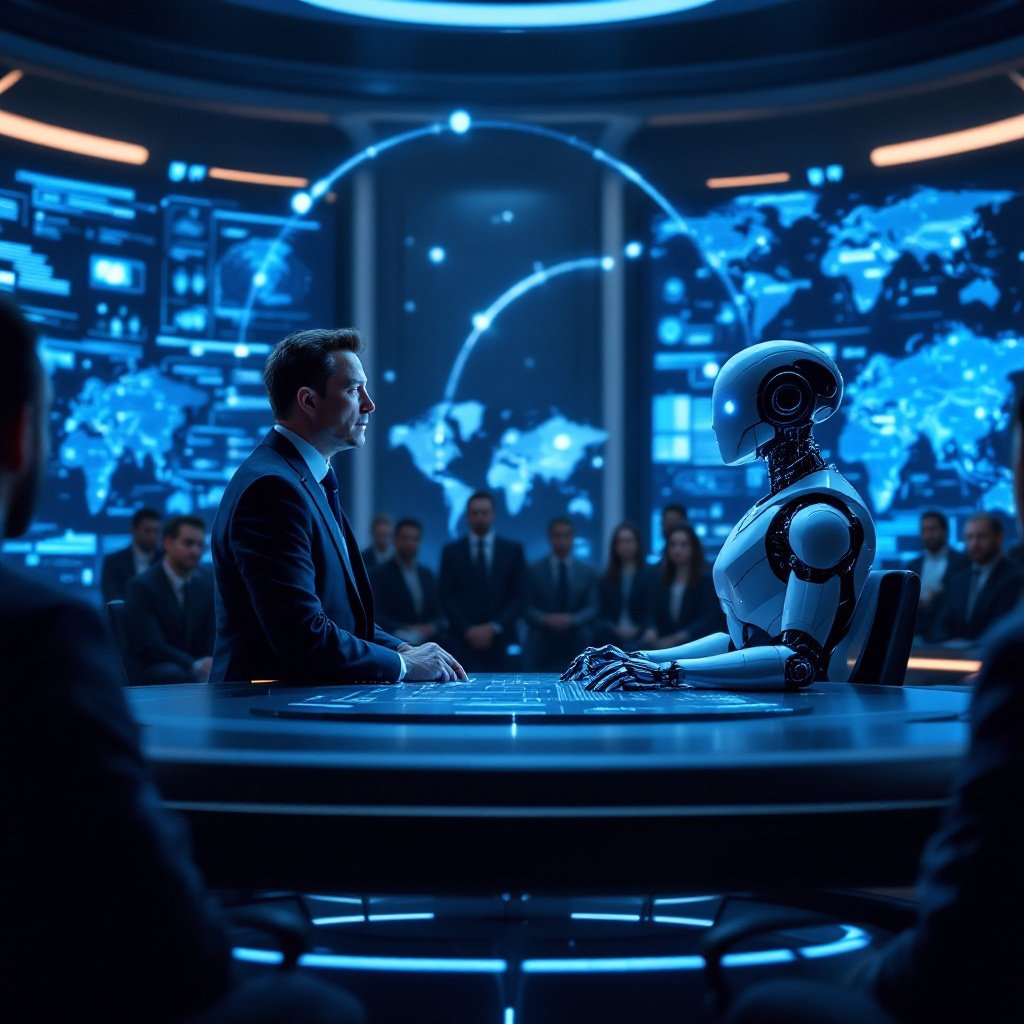 48thMeme's tweet photo. THE MEME PLANET๐๐๐๐
President Musk negotiates a peace treaty with an emerging AI superintelligence, balancing humanity's survival with the machinesโ demand for citizenship and rights.
#AIDiplomacy #TechPresident #MuskVsMachines
#HumanityAndAI #FutureOfRights #AIRevolution
#PeaceWithAI #DigitalCitizenship #AIEquality
#SurvivalAndInnovation