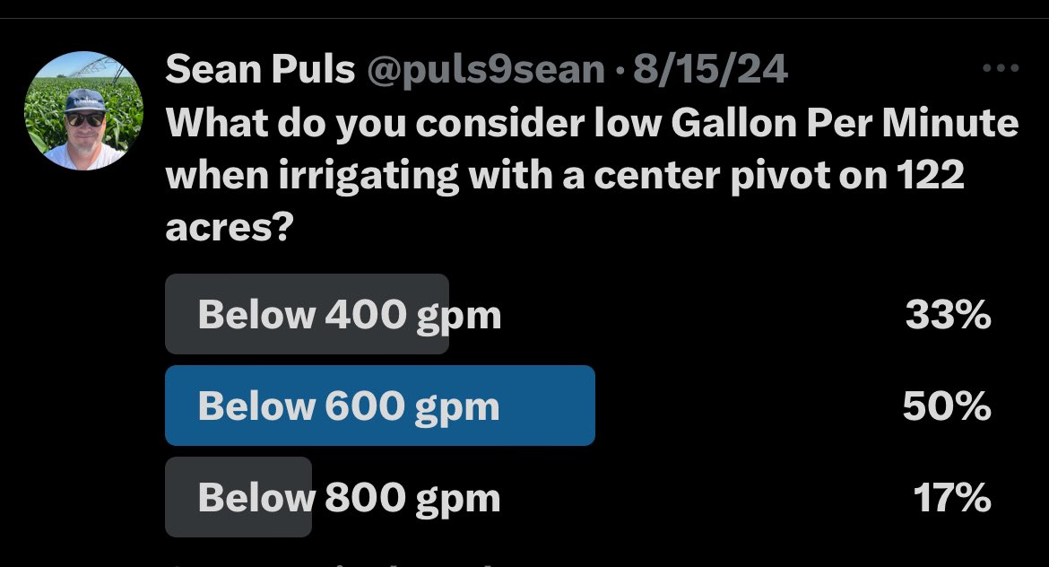 puls9sean's tweet image. 83% of growers said below 600 gallons a minute is considered low flow. So why would you install an end of pipe sprinkler like an end gun or wave and sacrifice uniformity under your steel, losing 16+ percent of your total water to one device.