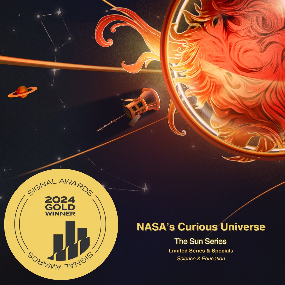NASASun's tweet photo. We’ve got a winner! 🎧🥇

@NASA’s Curious Universe podcast won GOLD in the 2024 Signal Awards for its five-part limited series about the 2024 total solar eclipse. Congrats to the podcast team — heliophysics never sounded so good! ☀️👂

Listen here: https://t.co/dKskY27ZJm https://t.co/gFYvL6Y3rj