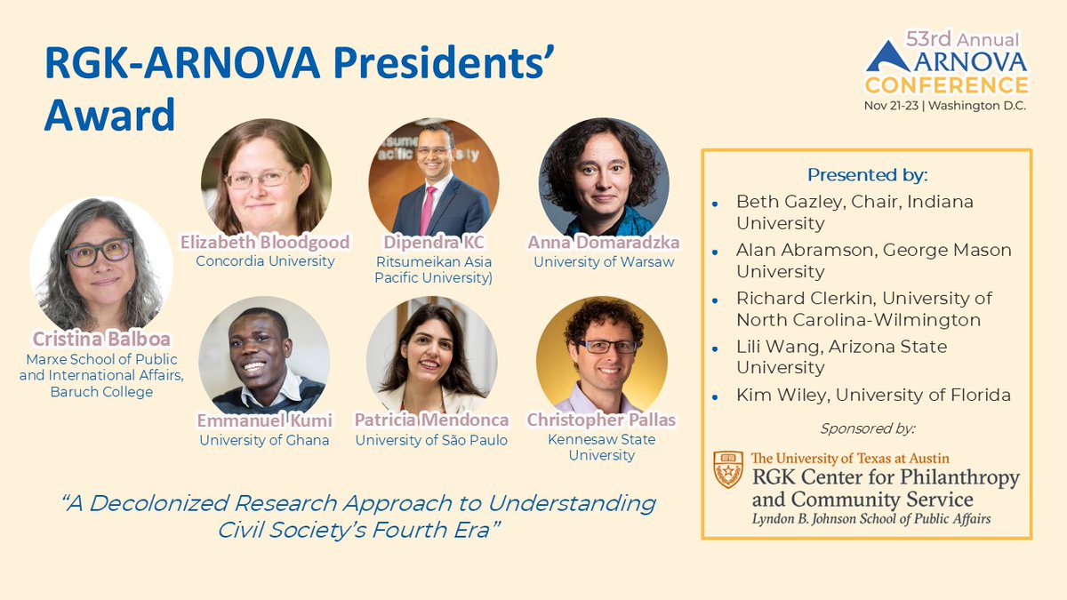 The <a href="/RGK_Center/">RGK Center for Philanthropy & Community Service</a>-ARNOVA President’s Award goes to @CristinaMBalboa, Elizabeth Bloodgood, <a href="/kcdipendra/">Dipendra K C</a>, Anna Domaradzka, <a href="/EmmaAndyKumi/">Emmanuel Kumi</a>, Patricia Maria Emerenciano Mendonca and Christopher L. Pallas