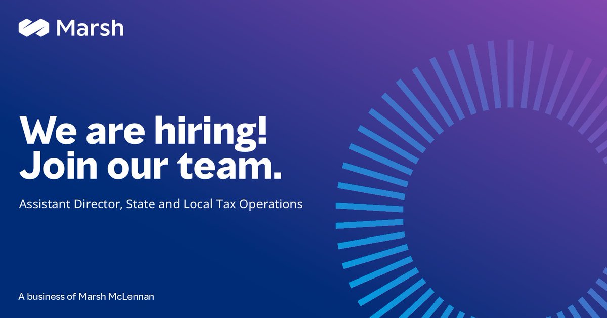 Looking to start your career with Marsh? We are #hiring an Assistant Director of State and Local Tax Operations.  You will develop the Tax Operations team, prepare documentation, and manage audits effectively. Interested? #Apply now. bit.ly/3CaiJot
