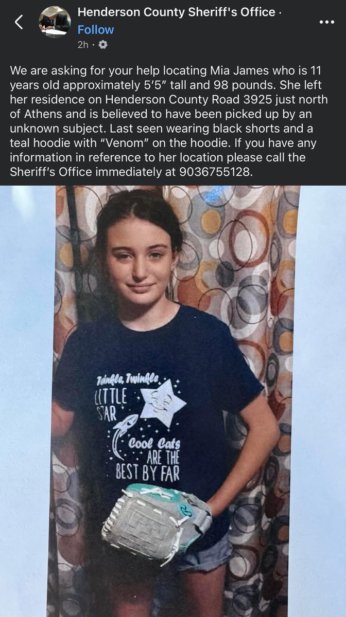 The_Eve_Effect's tweet photo. PLEASE SHARE ‼️- missing 11 year old Mia James is from the same town I grew up in, #AthensTx and was last seen 11/14/24 at 5pm on CR 3925 and believed to be picked up by a stranger. ‼️ #AmberAlert #MISSINGPERSON #MiaJamesmissing https://t.co/b4J1lsp4Io