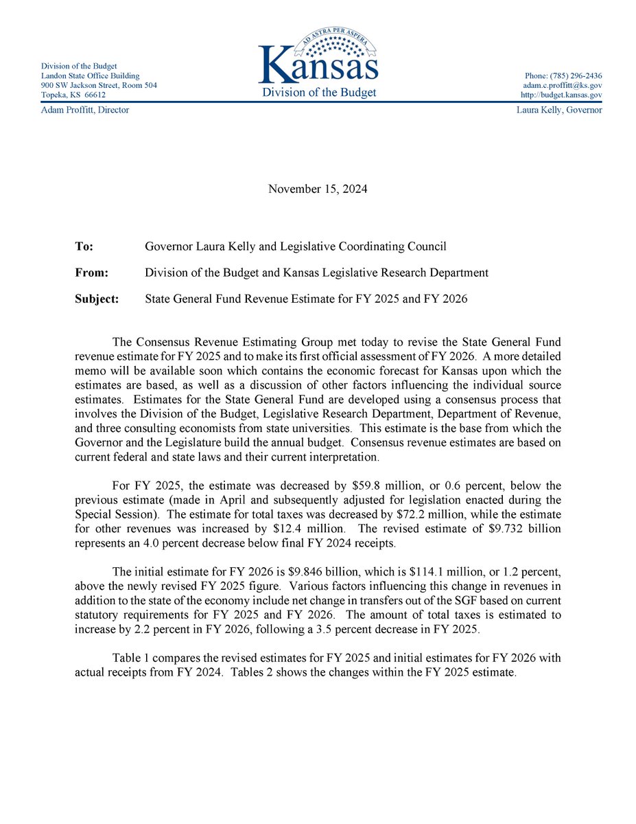 Just published: 
Consensus Revenue Estimates Short Memo and SGF Profiles. See more on our website: klrd.gov/2024/11/15/con… #ksleg