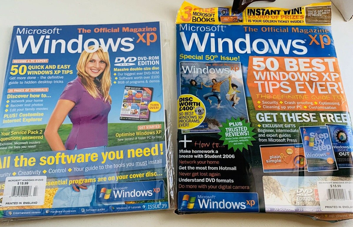 wowstartsnow's tweet photo. Between 2001-2008, consumers could purchase Windows XP: The Official Magazine. This 4-weekly publication - exclusively endorsed by Microsoft - included tips, tutorials, reviews, competitions &amp; software, via an included CD/DVD-ROM. The magazine also had its own website &amp; forum. 📖 https://t.co/qxzT2qzo2r