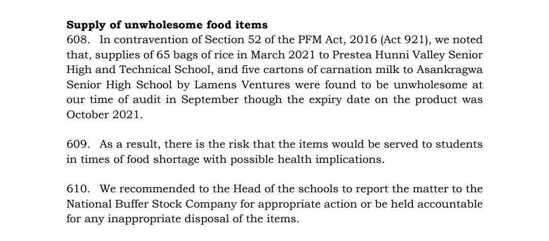 BBSimons's tweet photo. I always find it baffling when "scandals" break in Ghana and everyone acts surprised. Sometimes, even government agencies pretend not to be aware.

This issue of Lamens importing unwholesome food (rice just being the latest) is widely known across secondary schools. 

So much so that even the Auditor General has flagged it since 2020. See attached.

It all started when the political jobbers whose duty it is to convert government policies to "cash for the boys" decided to bring party people onboard to supply food to secondary schools. 

Due to headmasters no longer having any serious resources due to the "no fees" policy, food supply is now handled by these politically connected suppliers.

One of the Bosses of Lamens was a kingpin in the "Kejetia Elephant Movement Association", a group of traders reportedly associated with the current ruling party. 

Getting fat deals to bring in tons of rice, canned fish, tinned milk, etc was thus a no-brainer. (Later, mining concessions and other goodies would be added on top, but that's another story for another day).

No investigation will go anywhere because this is a systemic issue that has been tolerated for years. Even the Public Accounts Committee, nominally bipartisan, has not seen the  need to pursue the matter.

As for the unwholesome stuff, the students have been consuming quite regularly if audits are to be believed. 

What we need to also establish is whether the upsurge in chronic disease some physicians say they are seeing among Ghanaian teens has any connection with all this imported canned fish and milk, and rebagged rice, etc.