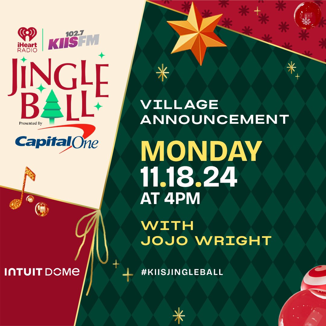 1027KIISFM's tweet photo. It’s the most wonderful time of year! 🥰🎁 @JoJoWright  is telling you the #KIISJingleBall Village Lineup on Monday, November 18th at 4pm pst! 🎄🙌 Listen to KIIS on the @iheartradio app to see who’s performing! 😜 https://t.co/PkQbosR9Tu https://t.co/nhvW69Dydv