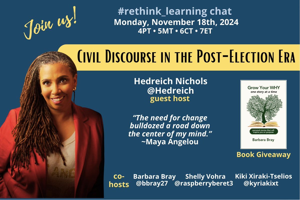 Barbara Bray✨Story Weaver✨ 🔜 #SXSWEDU #ISTE2925 (@bbray27) on Twitter photo Join us! Mon 11/18/24: #rethink_learning chat with guest host <a href="/Hedreich/">Hedreich Nichols</a> ➡️"Civic Discourse in the Post-Election Era"
Pls RT <a href="/Joshua__Stamper/">Joshua Stamper</a> <a href="/EduGuardian5/">EduGuardians</a> <a href="/Principal_H/">𝐂𝐡𝐫𝐢𝐬𝐭𝐨𝐩𝐡𝐞𝐫 𝐇𝐚𝐫𝐫𝐢𝐬 🎸🏴☠️🧩🤖🚀</a> <a href="/drgrowtoknow/">DrAmyMP</a> <a href="/embracetruejoy/">Dolphins Enlighten</a> <a href="/iamnoadaniel/">Noa Daniel</a> <a href="/Rdene915/">Dr. RACHELLE DENÉ POTH |ThriveinEDU #AI #AIinEDU</a> <a href="/ABEducational/">Alyssa H.</a> <a href="/socialstudiestx/">SocialStudiesTx</a> <a href="/WalterDGreason/">Walter Greason</a> <a href="/gdorn1/">Gretchen Dorn</a> Join us! Mon 11/18/24: #rethink_learning chat with guest host <a href="/Hedreich/">Hedreich Nichols</a> ➡️"Civic Discourse in the Post-Election Era"
Pls RT <a href="/Joshua__Stamper/">Joshua Stamper</a> <a href="/EduGuardian5/">EduGuardians</a> <a href="/Principal_H/">𝐂𝐡𝐫𝐢𝐬𝐭𝐨𝐩𝐡𝐞𝐫 𝐇𝐚𝐫𝐫𝐢𝐬 🎸🏴☠️🧩🤖🚀</a> <a href="/drgrowtoknow/">DrAmyMP</a> <a href="/embracetruejoy/">Dolphins Enlighten</a> <a href="/iamnoadaniel/">Noa Daniel</a> <a href="/Rdene915/">Dr. RACHELLE DENÉ POTH |ThriveinEDU #AI #AIinEDU</a> <a href="/ABEducational/">Alyssa H.</a> <a href="/socialstudiestx/">SocialStudiesTx</a> <a href="/WalterDGreason/">Walter Greason</a> <a href="/gdorn1/">Gretchen Dorn</a>