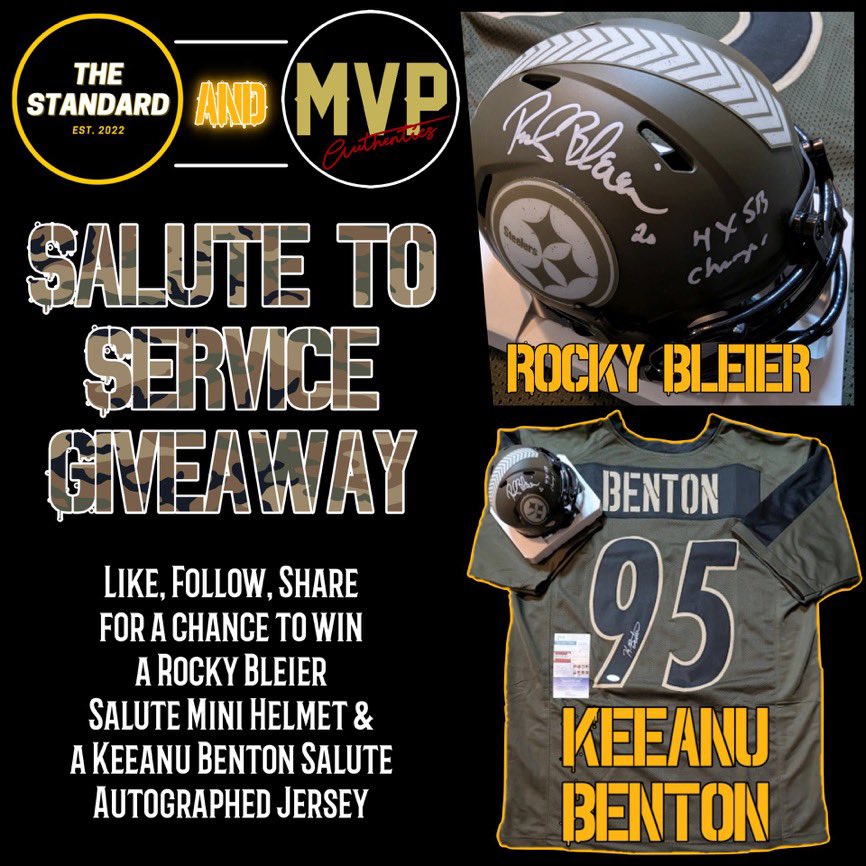 TheStandard412's tweet photo. 🚨GIVEAWAY ALERT🚨 

We’re teaming up with @MVPAuthentics to give away a signed Rocky Bleier mini helmet AND a signed Keeanu Benton Jersey! 

How to Qualify:

🔘 Like/RT

🔘 Follow @TheStandard412 and @MVPAuthentics 

🔘 Tag friends for bonus entries! 

Giveaway ends  11/22/24

Good Luck! 🙏🏼