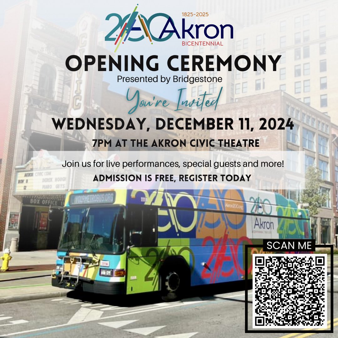 Don’t miss the Akron Bicentennial Opening Ceremony, Wednesday, December 11, 2024 at the <a href="/akroncivic/">Akron Civic Theatre</a>! Register today: eventbrite.com/e/akron-bicent… #KeepIt200 #Akron200 #AkronBicentennial