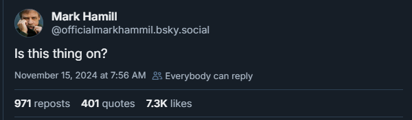 geekprofessor's tweet photo. @MarkHamill Are you on bluesky and is this account legit? If not, might want to get some people on that (people are pointing out that the name is misspelled) https://t.co/oNcGeB04XN