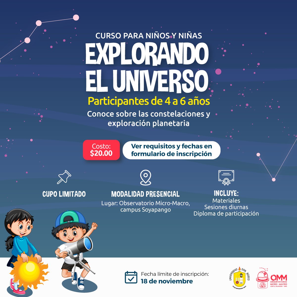 ommudb's tweet photo. 🌟 ¡Viaje al universo para los más pequeños! 🚀

Un curso único donde niños y niñas descubrirán constelaciones, planetas y los secretos del espacio. 🌌✨

🎟️ Inscripción:
https://t.co/tNIH3oo3yW
🔭 ¡Aprender nunca fue tan divertido! 🪐 https://t.co/NNifj7ezc1