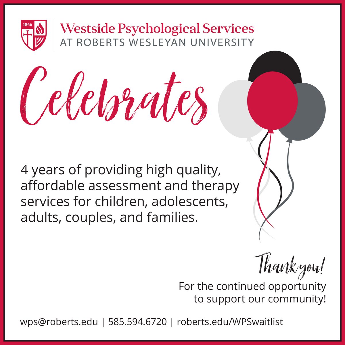 WPSatRWU's tweet photo. Four years has flown by! Thank you for the continued opportunity to support our community through psychological evaluations, therapeutic interventions, and consultations.
#wpsatrwu #rwu #roberts #anniversary #psychology #psycheval #therapy #mentalwellness #communityclinic https://t.co/VsdspZtuiw