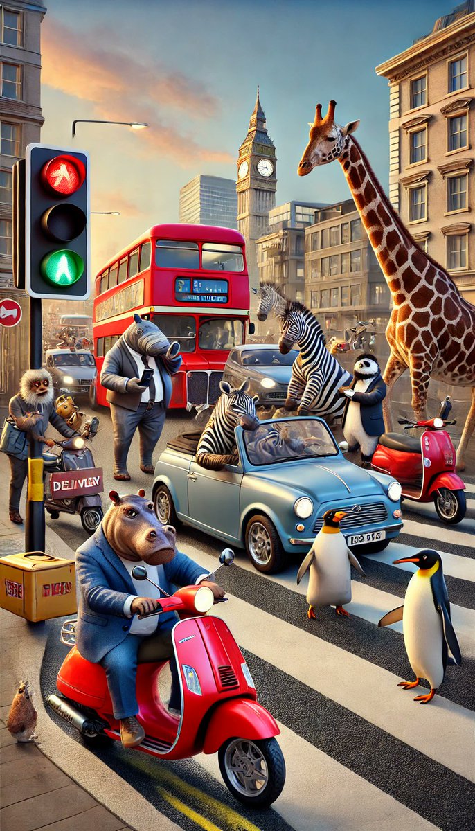 dawnoftheai's tweet photo. Traffic  at Animalia Steet 
#traffic #fun #hippo #girraffe #aiart https://t.co/nXlFt4VbQK