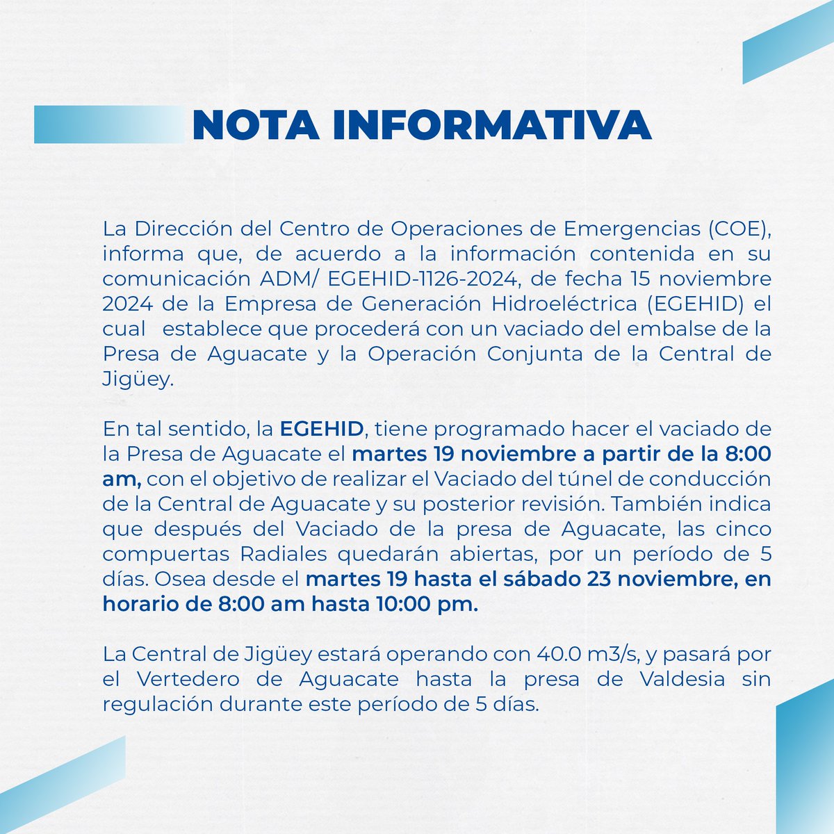 COE_RD's tweet photo. Nota informativa: 

Se prohíbe el uso de los balnearios por vaciado de la presa Aguacate, en San Cristóbal. https://t.co/poEZWOd8bV