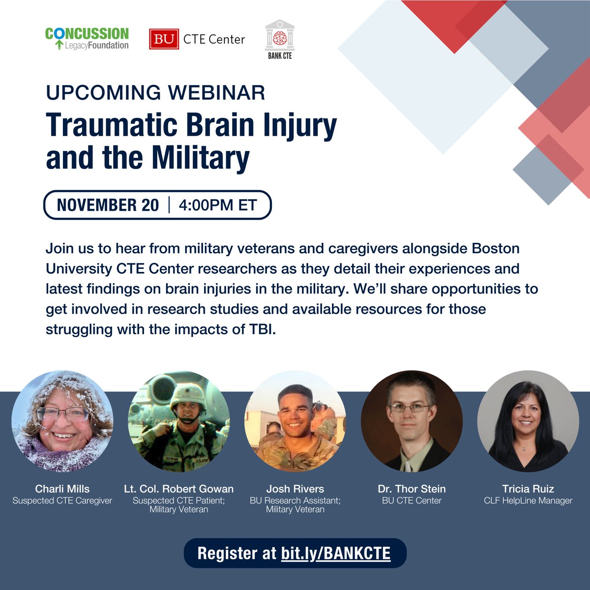 Boston University CTE Center (@bu_cte) on Twitter photo Join members of the CTE Center team at the upcoming "Traumatic Brain Injury and the Military" webinar on Nov. 20 at 4:00 pm ET. The webinar, hosted by <a href="/ConcussionLF/">Concussion Legacy Foundation</a>, will discuss research on brain injuries and the military and participants will hear about the real-life Join members of the CTE Center team at the upcoming "Traumatic Brain Injury and the Military" webinar on Nov. 20 at 4:00 pm ET. The webinar, hosted by <a href="/ConcussionLF/">Concussion Legacy Foundation</a>, will discuss research on brain injuries and the military and participants will hear about the real-life
