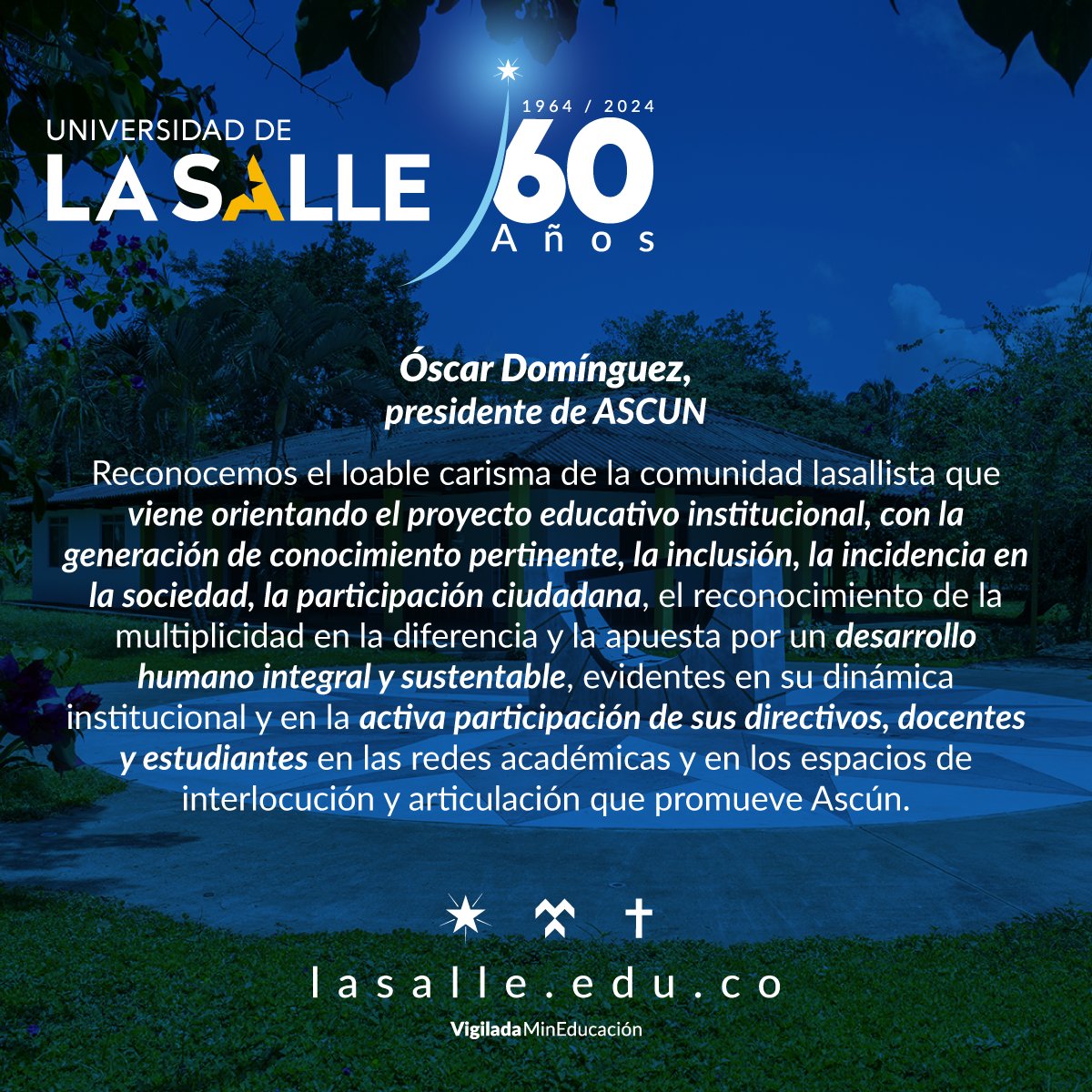 Líderes académicos destacan nuestros 60 años:  
📜 H. Parra, U. Externado: Referente educativo.  
📜 C. Sánchez, U. Tadeo: Impacto social con Utopía.  
📜 J. Leal, UNAD: Desarrollo sostenible.  
📜 Ó. Domínguez, ASCUN: Inclusión y humanidad.  

¡Gracias por este reconocimiento!