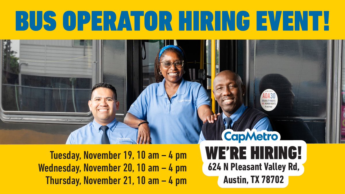 CapMetroATX's tweet image. Join #CapMetro as a bus operator and drive your career forward!

We offer:
-Competitive pay
-Paid CDL training
-Up to $5,000 new hire bonus

For faster consideration, apply prior: CapMetro.org/jobs

#Careers #BusOperator #AustinJobs #CDL