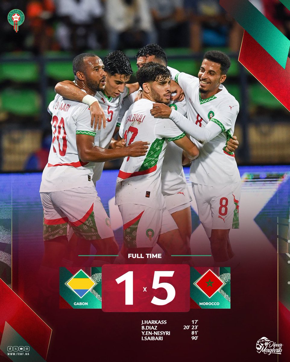 Sofiane_Hrizi's tweet photo. Le Maroc a étrillé le Gabon à Franceville.
Les lions de l’Atlas enchaînent une 5ème victoire en 5 matchs 👏
Brahim Diaz a inscrit un doublé pour son premier match en Afrique, un Ben Seghir impressionnant et un banger de Saibari.
#FRMF #AFCONQ2025 #GABMAR https://t.co/8VH27aYQ03