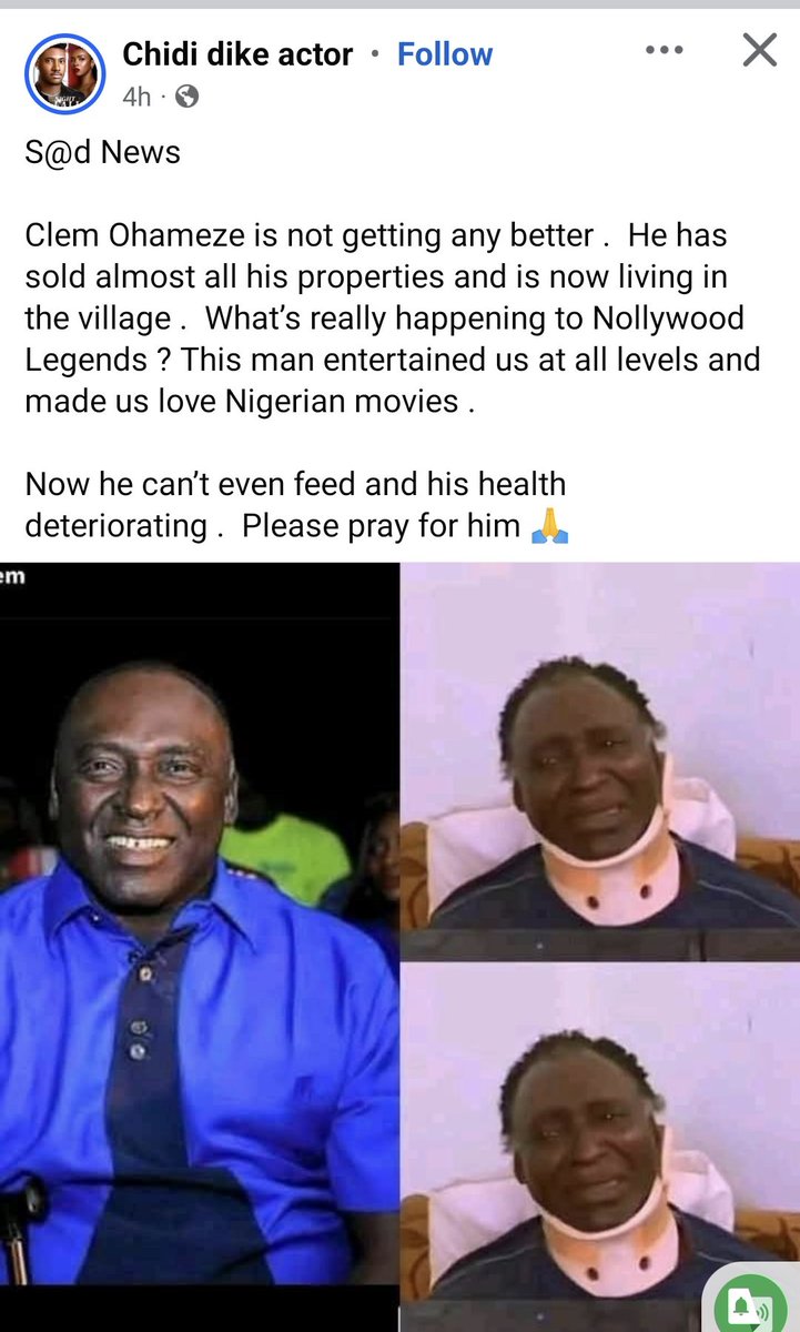 NewspostTv's tweet photo. It will be nice to rally round the #nollywood actor before death snatch him @CLEMOHAMEZE #clemohameze #Olamide #Cuppy #TheFBI #Wike #Adeyanju #Nacee #Yahweh #LagosAirport #Portable #LateChiefArmyofStaff #Obough #BautiMasciaEnRosario #ToitūTeTiriti https://t.co/9vaTR2uiNp