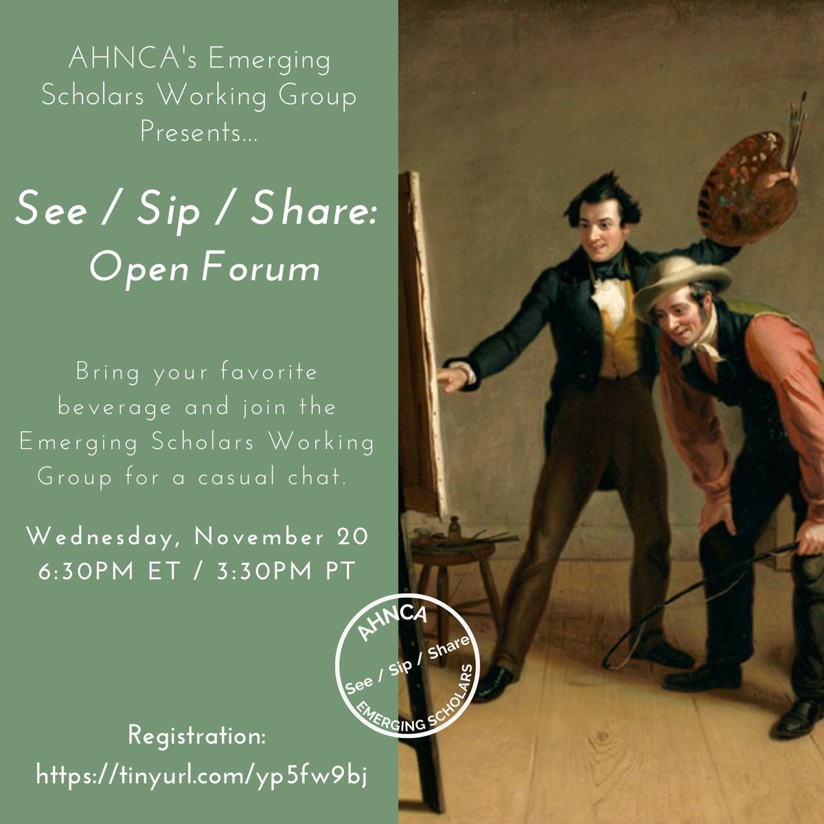 Please join AHNCA's Emerging Scholars Working Group on Wednesday, November 20 for See/Sip/Share, a casual chat about images and ideas.

Registration is required: us02web.zoom.us/meeting/regist…