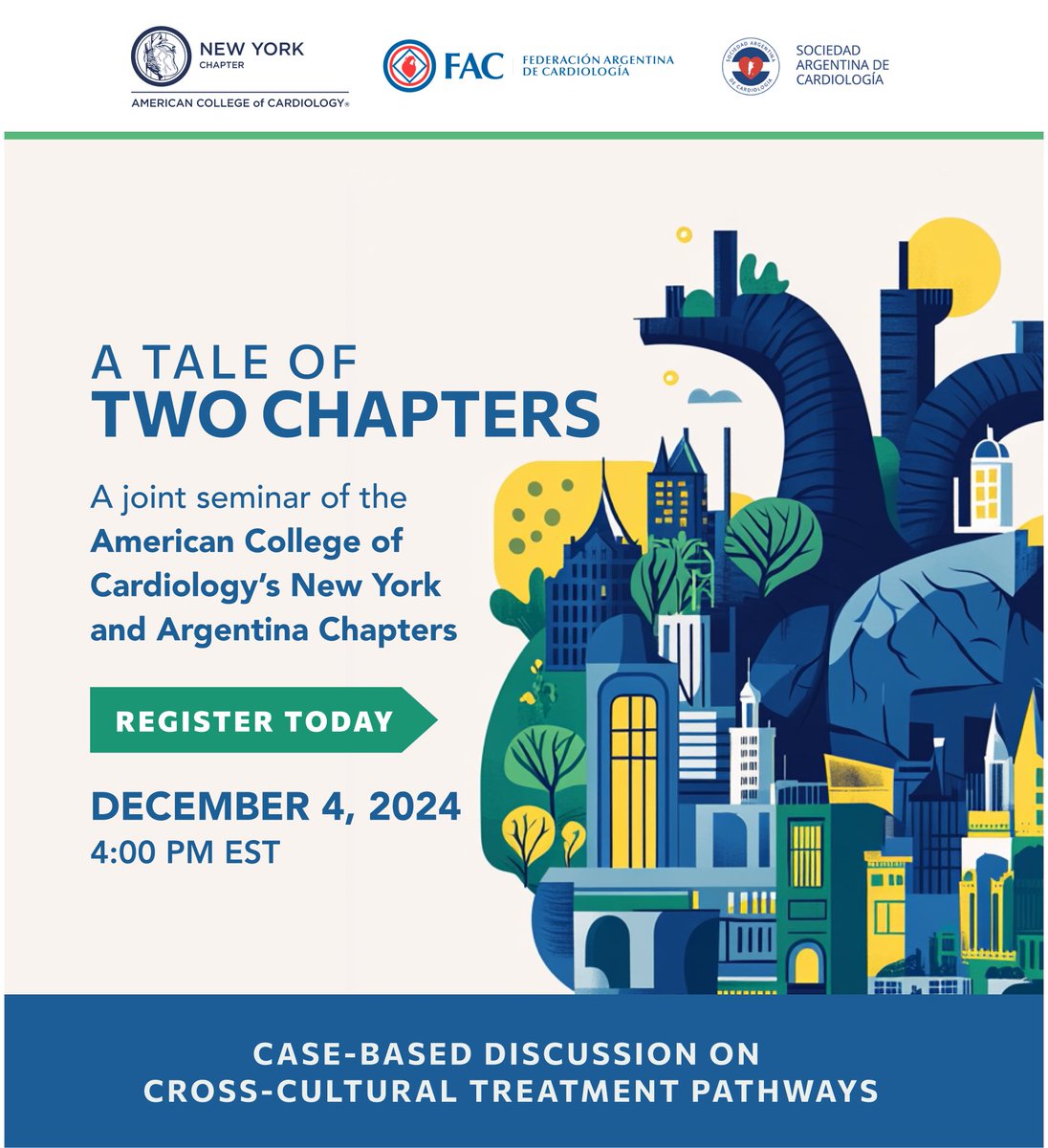 Exciting news! We're once again bringing together the New York and Argentina Chapters of the American College of Cardiology for the "A Tale of Two Chapters" seminar! The event will be held on Dec 4 at 4 PM EST.

More info here: ny-acc.org/a-tale-of-two-… 

#ACCChapters