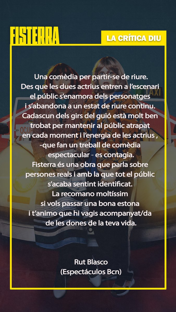 ⭐️⭐️⭐️⭐️⭐️ Fantàstica crítica de #Fisterra
"El públic s’enamora dels personatges i s’abandona a un estat de riure continu" Gràcies Rut <a href="/espectaculosBCN/">espectaculosBCN</a> 
Text <a href="/gon_ferran/">ferran.gon</a>
Dir. <a href="/ReguantXenia/">Xenia Reguant Contreras</a>
Amb @martatomasa1 i @gemmamart82
📆 De dx a dss - 20h
Dge-18h
🎟 salaversusglories.cat
