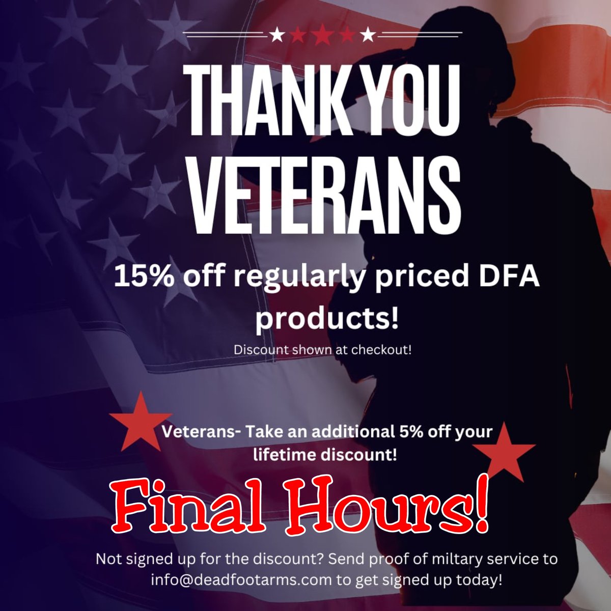 deadfootarms's tweet photo. Take advantage of 15% off regular priced in stock Dead Foot Arms products. Veteran's who have a verified account with us save an additional 5%! 

#DeadFootArms #DFA #Sale #Website #SCW #ARMP9 #AR9SD #MCS #FireWhileFolded #FoldingStockAdapter #MadeInAmerica #MadeInWisconsin https://t.co/DPcUlHMe5J