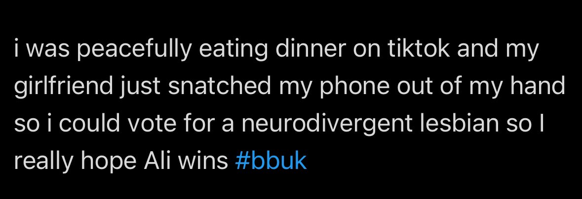darIingcarly's tweet photo. my girlfriend just tweeted this but is private but i have to share this on here because it’s actually hilarious anyway ali to win !!!! #bbuk https://t.co/xHTxK1P1az