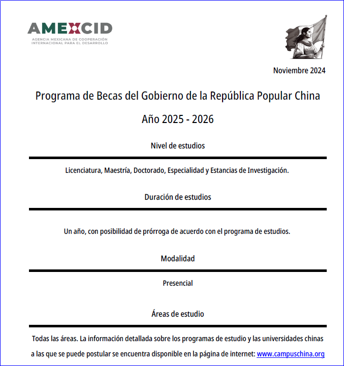📢📢📢Programa de Becas del Gobierno de la República Popular China Año 2025 - 2026

La plataforma para solicitar becas del Gobierno Chino para realizar estudios en China está abierta a partir del 13 de noviembre de 2024. Todos los ciudadanos mexicanos que cumplan con los