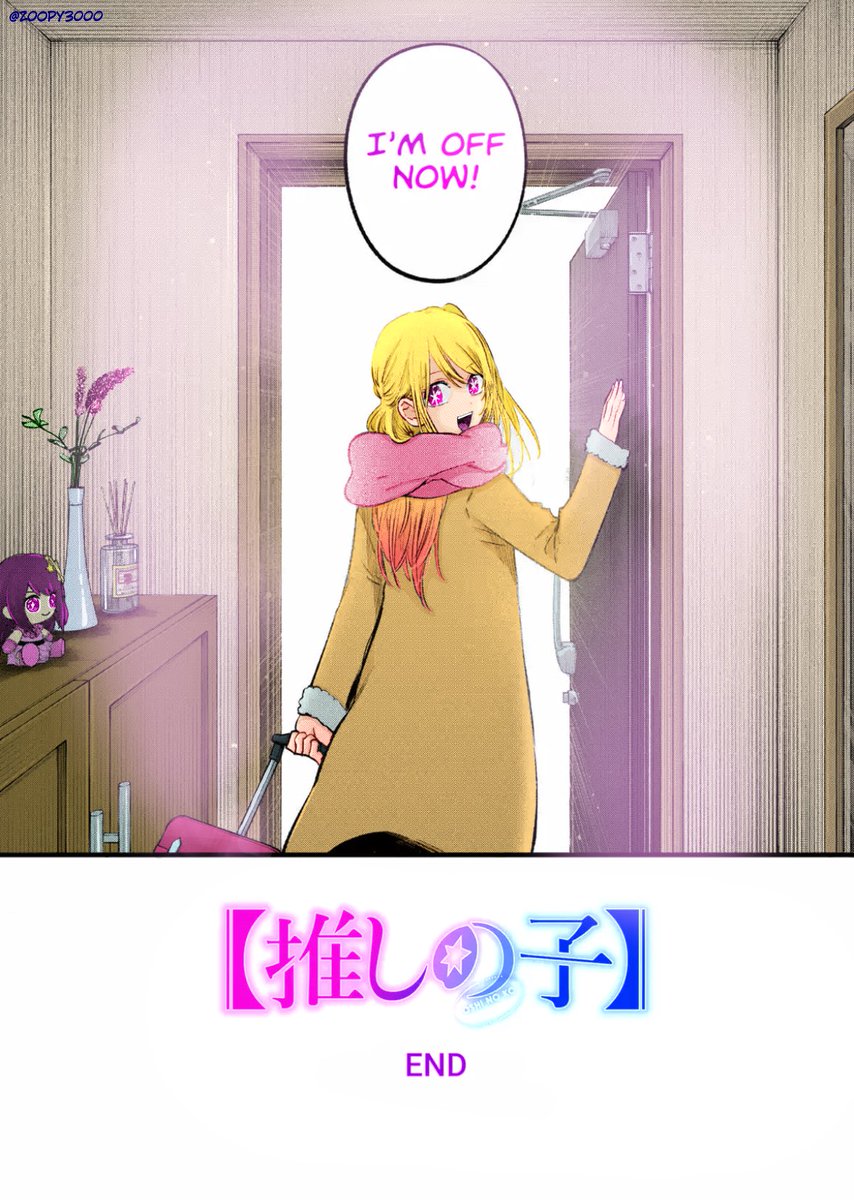 Since OnK has finally ended, I colored the last panel to celebrate! While the ending may be decisive, I am very thankful for the series for bringing me closer to so many people, some of which are irreplaceable to me 🩷

So thank you Oshi no Ko!! 

#推しの子   #星野ルビー