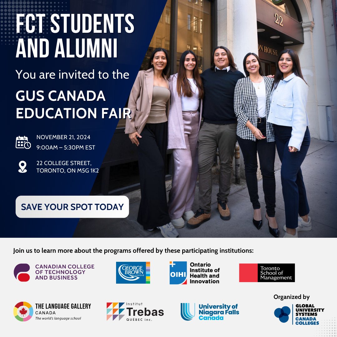 fleming_toronto's tweet photo. Hey FCT students! Discover your path at the GUS Canada Education Fair!
9 am – 5:30 pm 
Nov 21
22 College Street, Toronto

Get inspired by presentations, connect with student advising experts, and explore programs that align with your goals! Register today: https://t.co/683okhgUpR https://t.co/GJGe5TypL2