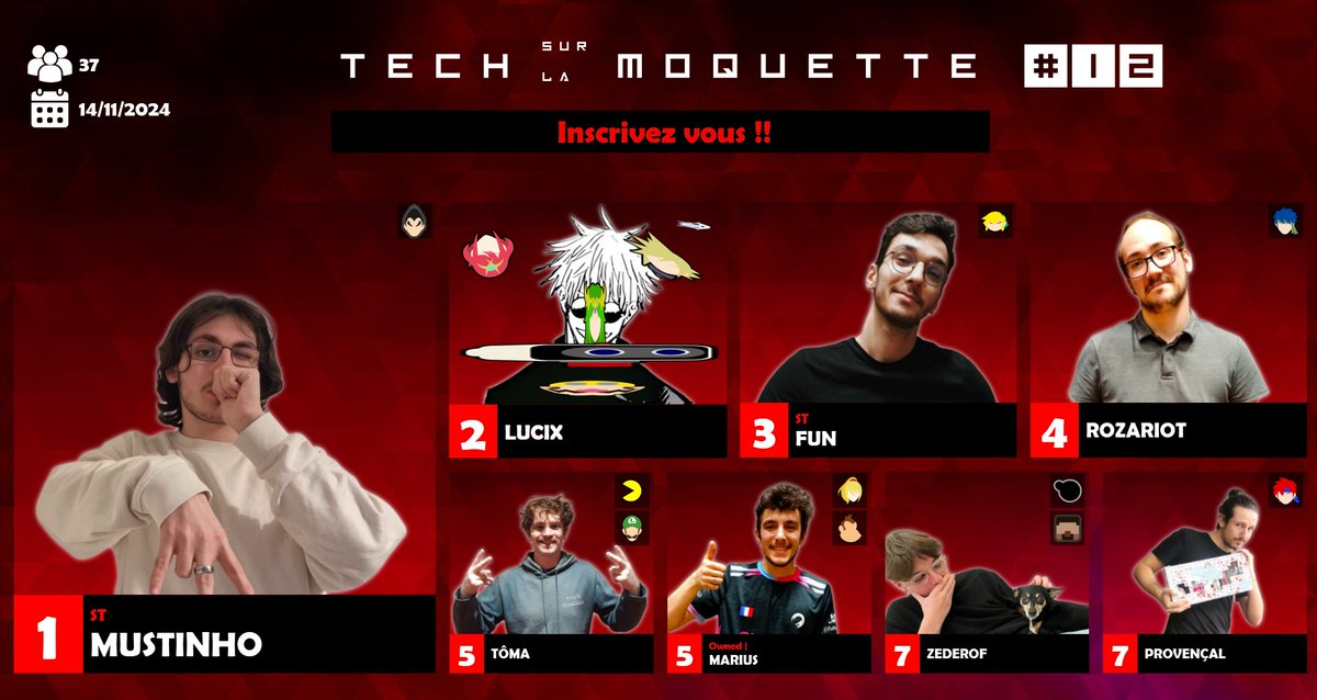 PREMIÈRE WIN POUR LA MUST !!

Résultats du 14/11 :
Tech sur la Moquette #12 : Inscrivez vous !! 
37 entrants

1 - <a href="/mustinho__10/">Mustinho 👑🐴</a>
2 - <a href="/lucixsmash/">Lucix</a>
3 - <a href="/FunOGC/">ST | Fun</a>
4 - <a href="/Rozariot_/">Rozariot</a>
5 - <a href="/Tomaa_desu/">Toma</a>
5 - <a href="/Owned_Marius/">Owned_Marius</a>
7 - <a href="/zederofzzz/">zederof</a>
7 - Provençal

start.gg/tournament/tec…