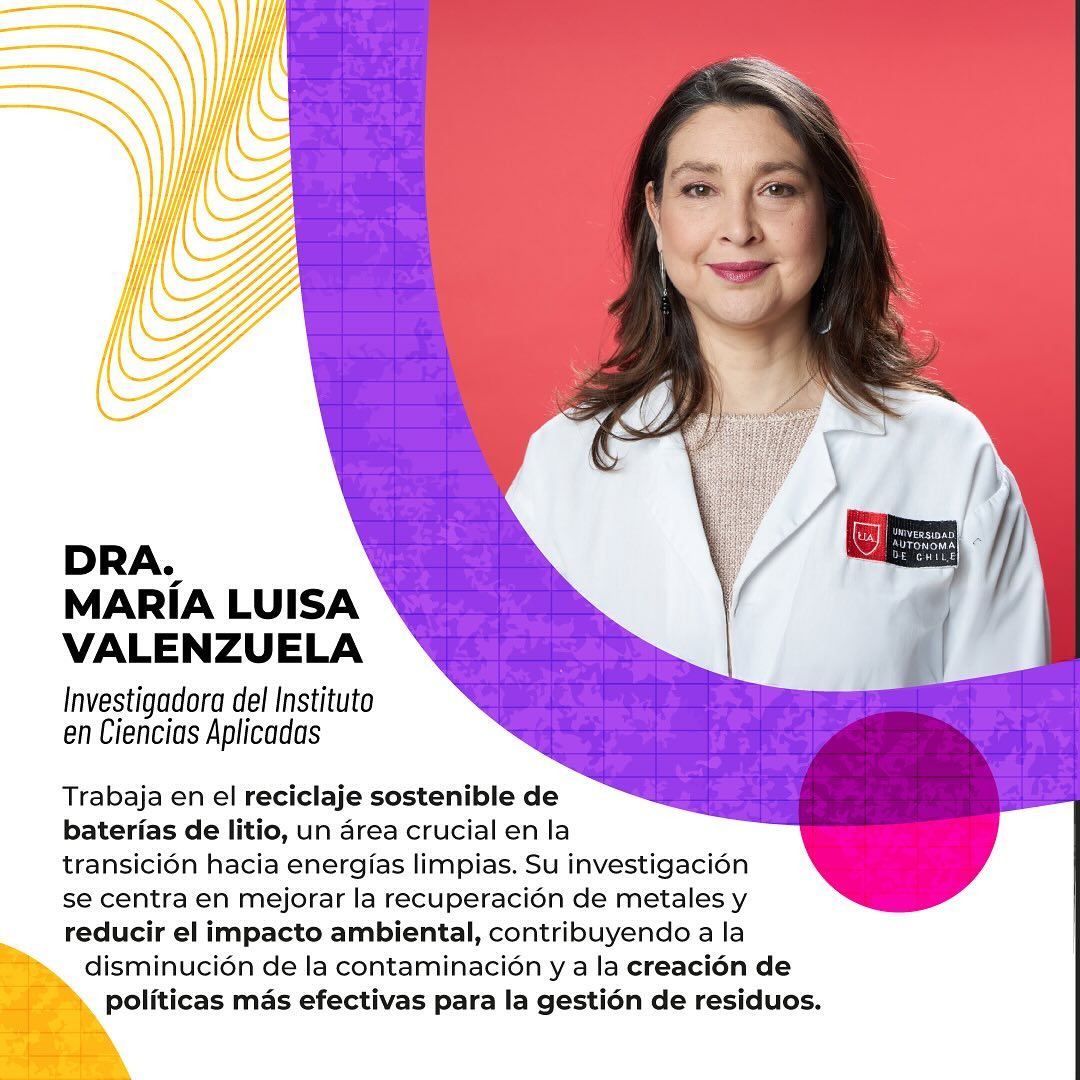 #50Genias | La Dra. <a href="/MaraLuisaValen8/">Dra. María Luisa Valenzuela</a>, investigadora del Instituto de Ciencias Aplicadas, ha sido premiada en la categoría Sostenibilidad y Medioambiente por su labor en el reciclaje sostenible de baterías de litio, una innovación clave en la transición hacia energías limpias.