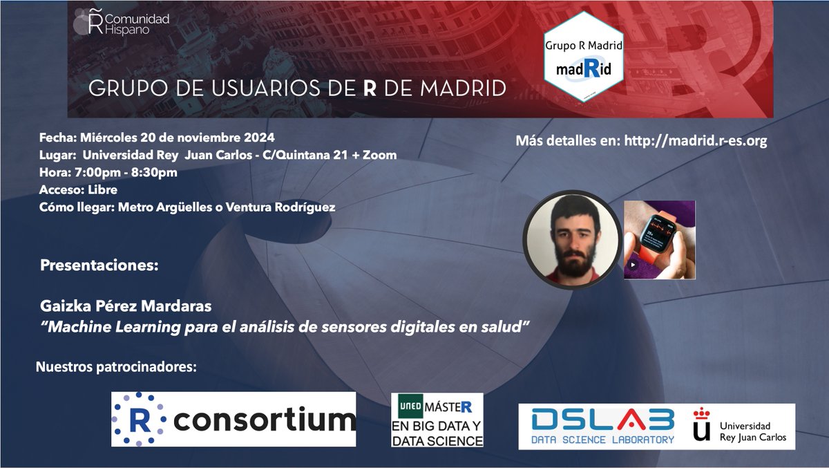 coforfe's tweet image. El próximo miércoles 20-noviembre, celebraremos otra nueva reunión del "Grupo de Usuarios de R de Madrid".
Gracias a Gaizka Pérez Mardaras por todas las facilidades y a la Universidad Rey Juan Carlos por acogernos nuevamente.
lnkd.in/dtS_m9dG
#rstats @R_Hisp #rstatsES