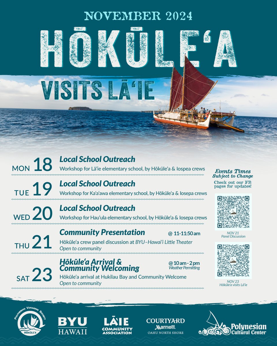 Lāʻie! Hōkūleʻa and crew are so honored and excited to see you this upcoming week! Here is our schedule of events, we hope to see you there and talk story!

Mahalo nui to the Polynesian Cultural Center for this beautiful graphic!