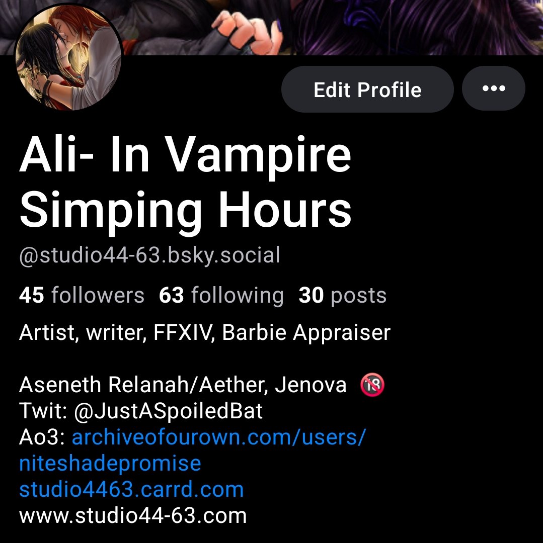 JustASpoiledBat's tweet photo. I'll likely no longer going to post my art or images on here. 
You can find me on 💙🌌 at three places there! Not much yet on the two niteshadepromise ones, but trying to change that- mostly will be Twitch and IRL stuff there. 
Studio44-63 is my primary art and personal. 🥰 https://t.co/0jR8eQnfeO