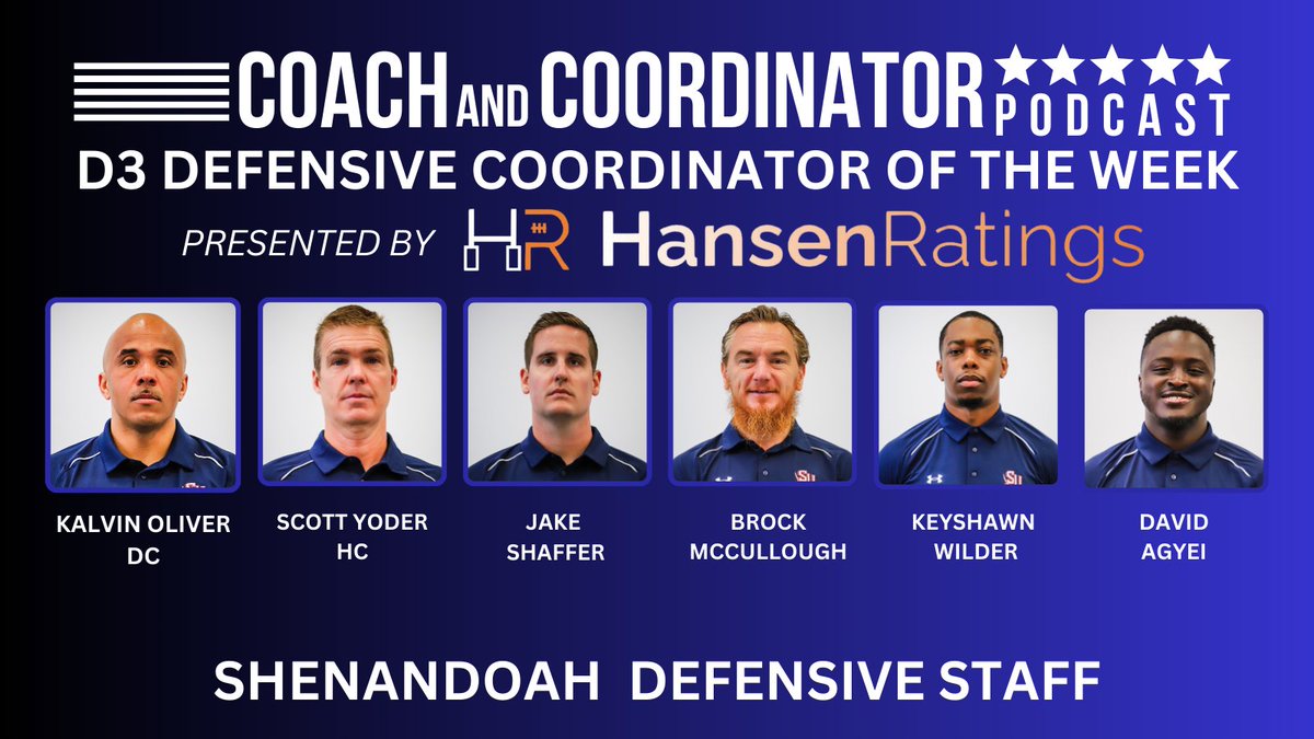 Coach and Coordinator D3 Defensive Coordinator of the Week presented by <a href="/LogHanRatings/">Logan Hansen</a>

Our DC of the Week is <a href="/SUHornets/">Shenandoah Hornets</a> <a href="/SUhornetsFB/">Shenandoah Football</a> DC Kalvin Oliver <a href="/56ways/">KalvinOliver</a> 

He joins us to discuss coaching with energy and passion.  

Listen:
🍎podcasts.apple.com/us/podcast/d3-…
🟢open.spotify.com/episode/4J9fhG…