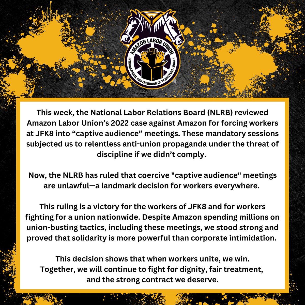 This week, the NLRB reviewed ALU’s 2022 case against Amazon’s anti-union captive audience meetings—and ruled them unlawful! Amazon spent millions on union-busting tactics but we stood strong and proved that our solidarity is more powerful than their propaganda and lies ✊💪