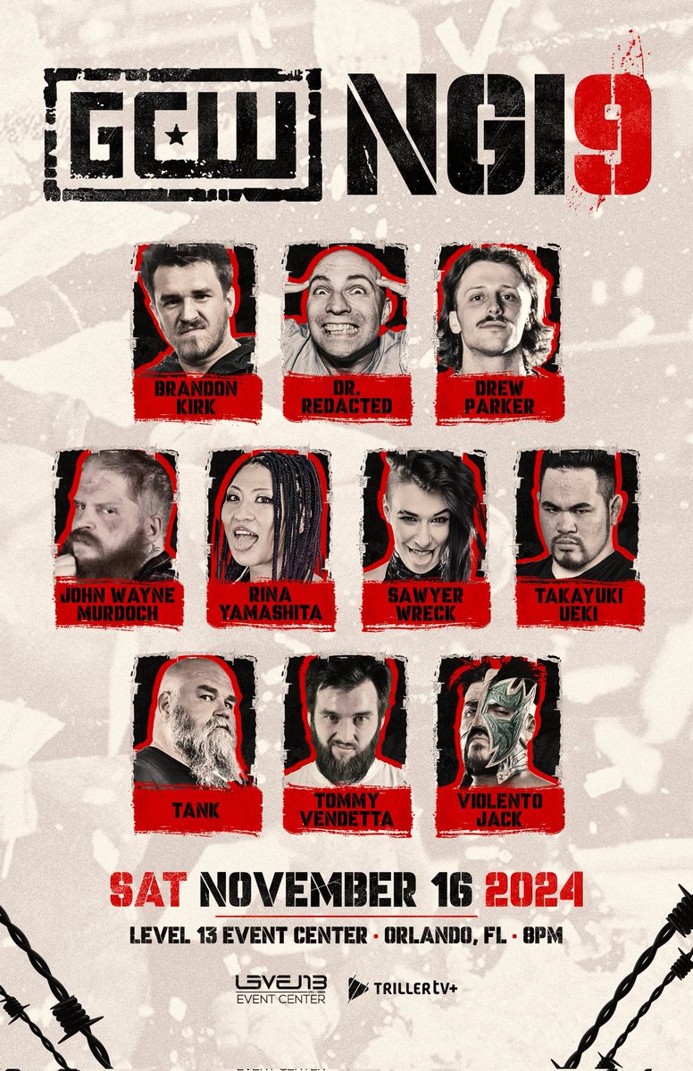 GCWrestling_'s tweet photo. *THIS SATURDAY*

The #GCWNGI9 comes to ORLANDO!

Opening Round:
Kirk vs Redacted vs Tank vs Vendetta
Violento Jack vs Drew Parker
Takayuki Ueki vs Rina Yamashita
JWM vs Sawyer Wreck

Plus:
*Non Tourney*
Miyu vs Broski

Tix:
https://t.co/opH0oINJtA

Watch LIVE on @FiteTV+ https://t.co/Erpz8dEfSO