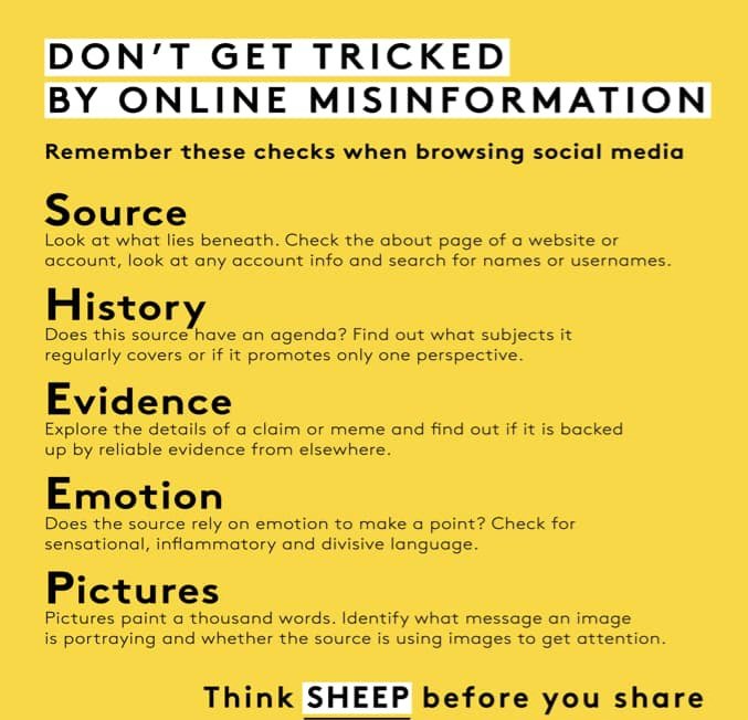 TudunTsira's tweet photo. Extremist groups often spread misinformation for their own gain. Remember these checks when browsing Social Media. Think SHEEP!
#QuestionTheSource #StayInformed #SpotTheLie https://t.co/TACrrJwPas