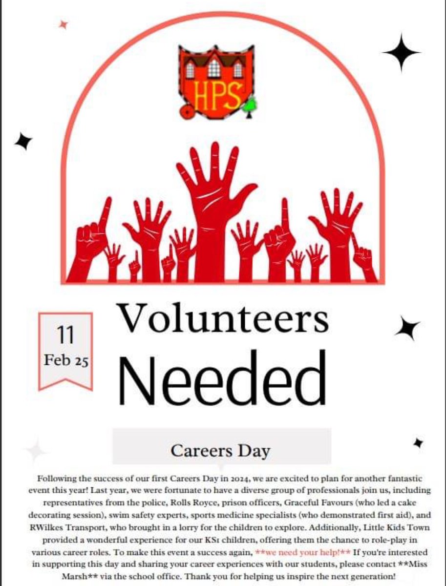 Please share and get in touch if you know anyone who may be able to help out with our careers day! <a href="/HPSDerbyshire/">Heath Primary</a>