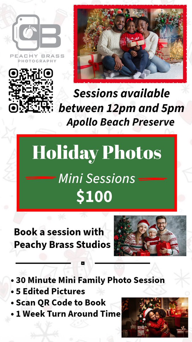 Holiday Mini Photoshoot. Scan the QR code to book. #apollobeach #photography #peachybrassstudios #holiday #holidaypictures