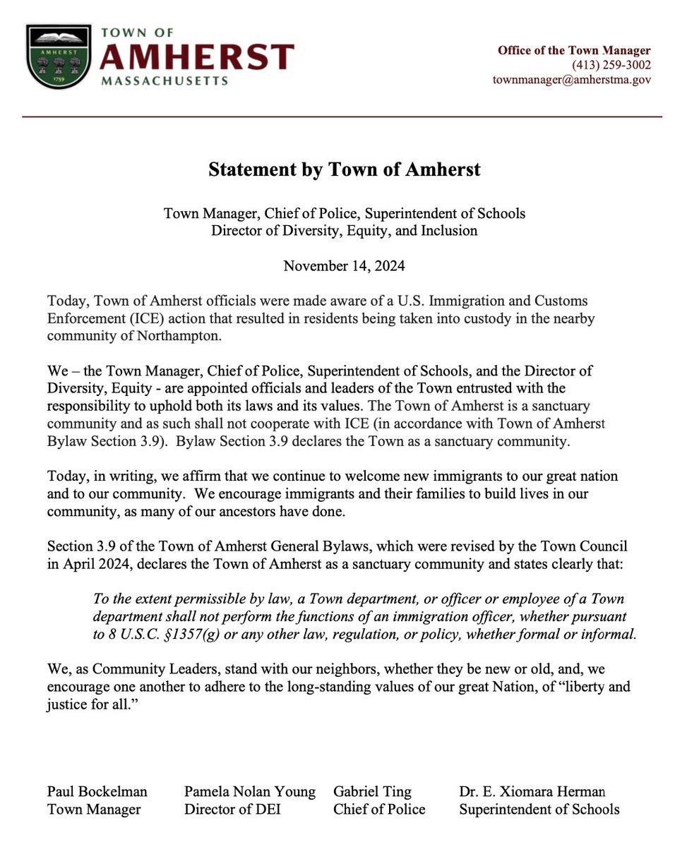 Town of Amherst, MA (@townofamherst) on Twitter photo Statement reaffirming the Town of Amherst as a sanctuary community from Town Manager <a href="/Amherst_Paul/">Paul Bockelman</a>, Chief of <a href="/AmherstMApolice/">AmherstMApolice</a> Gabriel Ting, Superintendent of Schools Dr. E. Xiomara Herman, and Director of Diversity, Equity, & Inclusion Pamela Nolan Young. amherstma.gov/CivicAlerts.as… Statement reaffirming the Town of Amherst as a sanctuary community from Town Manager <a href="/Amherst_Paul/">Paul Bockelman</a>, Chief of <a href="/AmherstMApolice/">AmherstMApolice</a> Gabriel Ting, Superintendent of Schools Dr. E. Xiomara Herman, and Director of Diversity, Equity, & Inclusion Pamela Nolan Young. amherstma.gov/CivicAlerts.as…