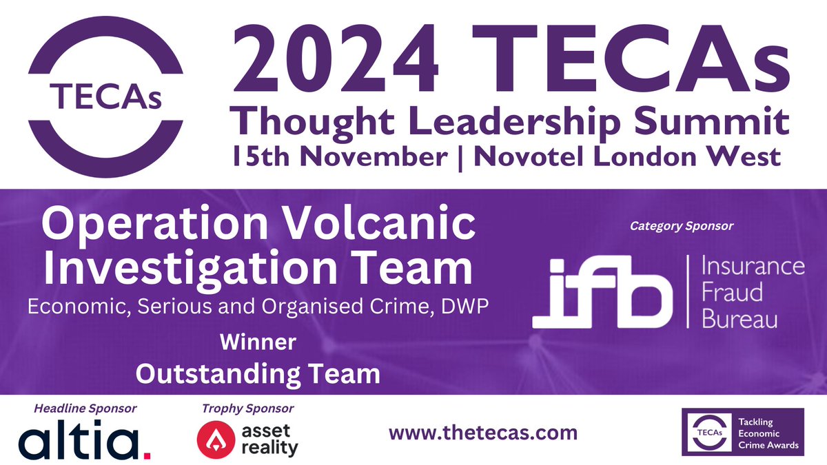 theTECAs's tweet photo. The next award is Outstanding Team, sponsored by @TheIFB, and the winner is Operation Volcanic Investigation Team - Economic, Serious and Organised Crime, @DWPgovuk!
Congratulations on this incredible achievement!
#TECAs https://t.co/yRR5KZAmSE