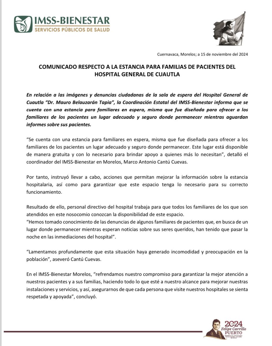 COMUNICADO RESPECTO A LA ESTANCIA PARA FAMILIAS DE PACIENTES DEL HOSPITAL GENERAL DE CUAUTLA