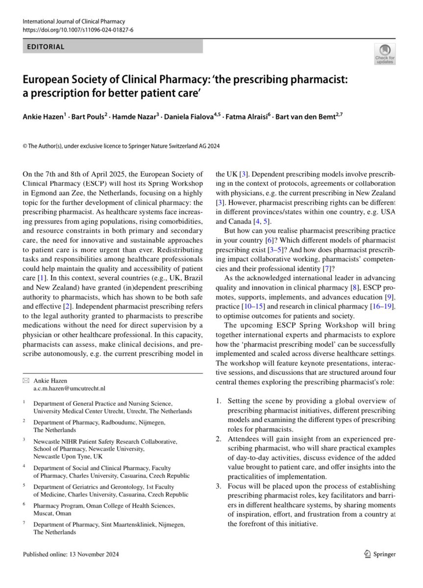 European Society of Clinical Pharmacy: ‘the prescribing pharmacist: a prescription for better patient care’
@IntJClinPharm 
<a href="/Ankie_Hazen/">Ankie Hazen</a> 

link.springer.com/article/10.100…