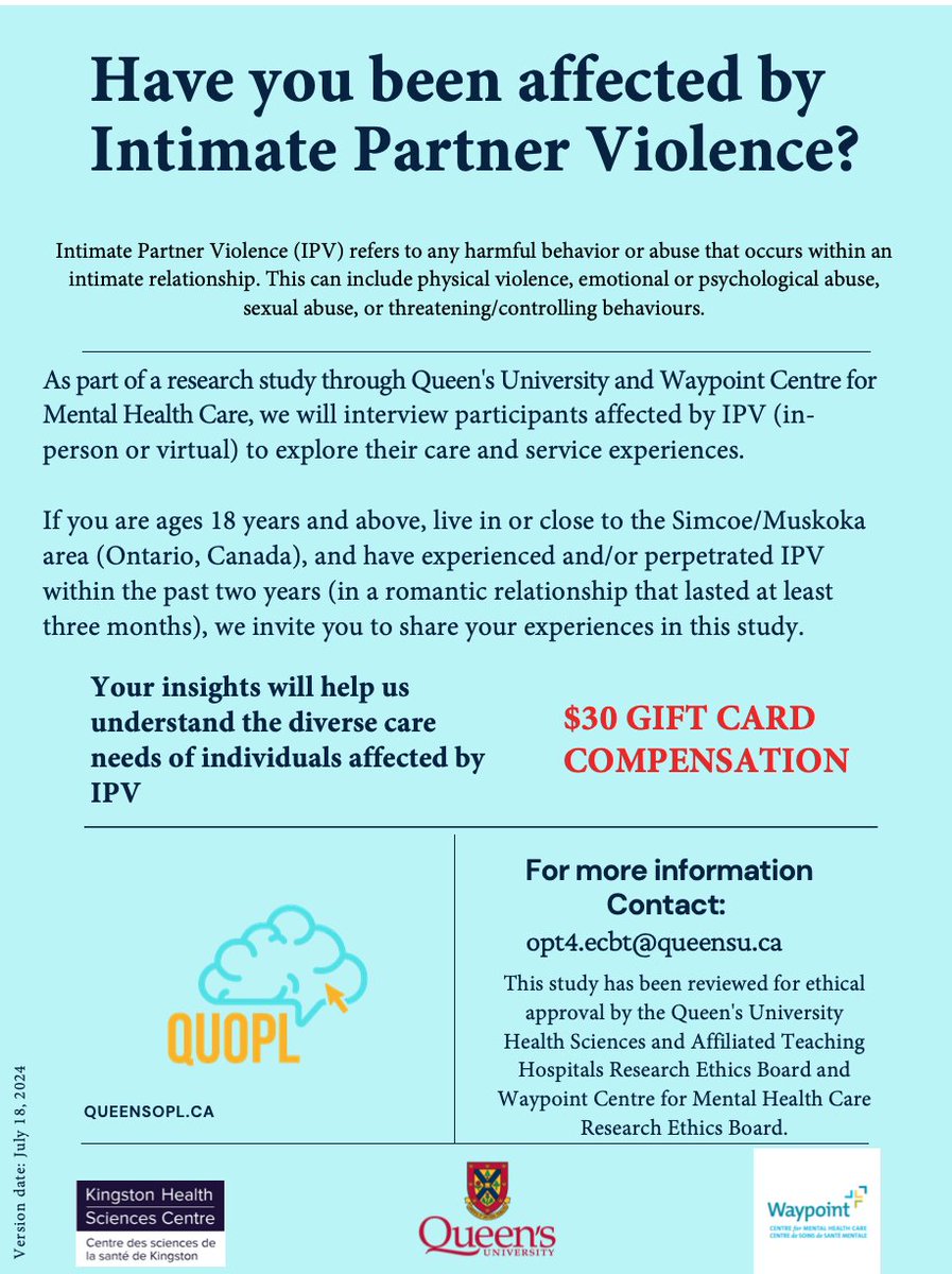 Queen's University Online Psychotherapy Lab (@queensopl) on Twitter photo If you’ve experienced or been affected by intimate partner violence, your insights could make a big impact in shaping support systems and improving resources to help others. Your voice matters! Consider sharing your experiences in this study
Reach out to opt4.ecbt@queensu.ca If you’ve experienced or been affected by intimate partner violence, your insights could make a big impact in shaping support systems and improving resources to help others. Your voice matters! Consider sharing your experiences in this study
Reach out to opt4.ecbt@queensu.ca