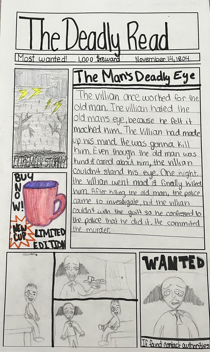 👁️ 🖤 “The Tell-Tale Heart” - a haunting journey into the mind of madness!
My 7th graders analyzed the play and created a newspaper front page focusing on the eerie mood that  made their “heartbeats echo louder. 🫀🫀#EdgarAllanPoe. <a href="/Eastlake_Middle/">Gabriela Elliott</a> <a href="/karras_ELMS/">Karen Arras</a>