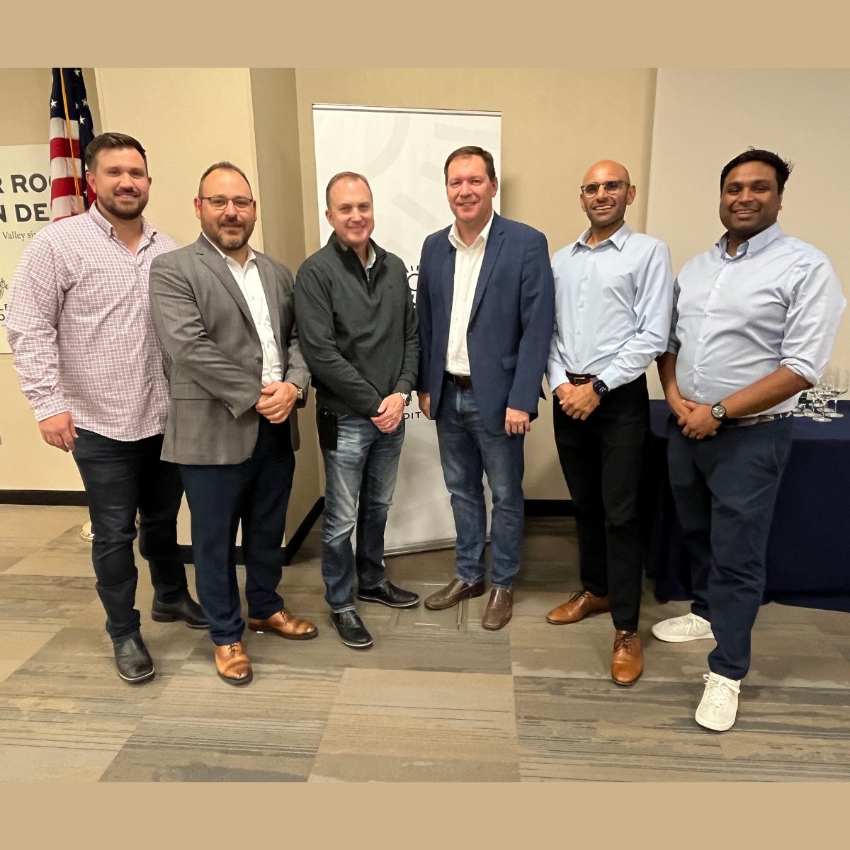 kernventuregrp's tweet photo. Thank you for attending our event yesterday evening! Special thanks to Valley Strong Credit Union for hosting.

Pictured (left to right): Tyler Johnson (HFD), Nick Ambrosini (Valley Strong) David Higdon (KVG), John-Paul Lake (KVG), Neeraj Rama (CBCC), Emil Hewage (BIOS Health). https://t.co/5GPkv22pOv
