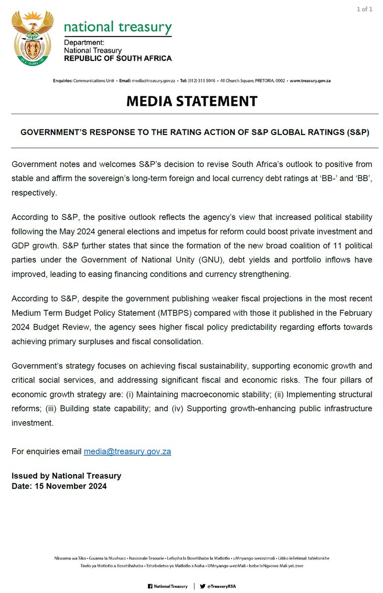 S&amp;P Global Ratings has revised South Africa’s outlook to positive from stable and affirmed the sovereign’s long-term foreign and local currency debt ratings at ‘BB-’ and ‘BB’, respectively. <a href="/GovernmentZA/">South African Government</a>